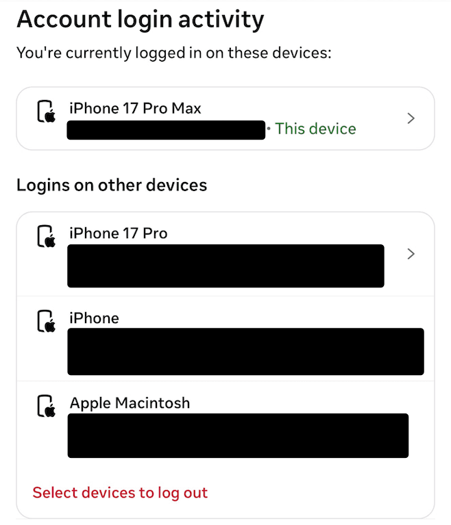 Instagram login activity: four devices logged in